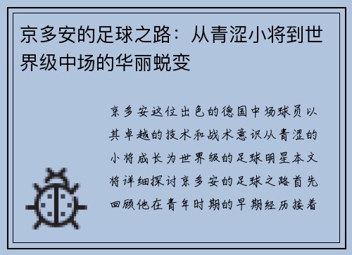 京多安的足球之路：从青涩小将到世界级中场的华丽蜕变